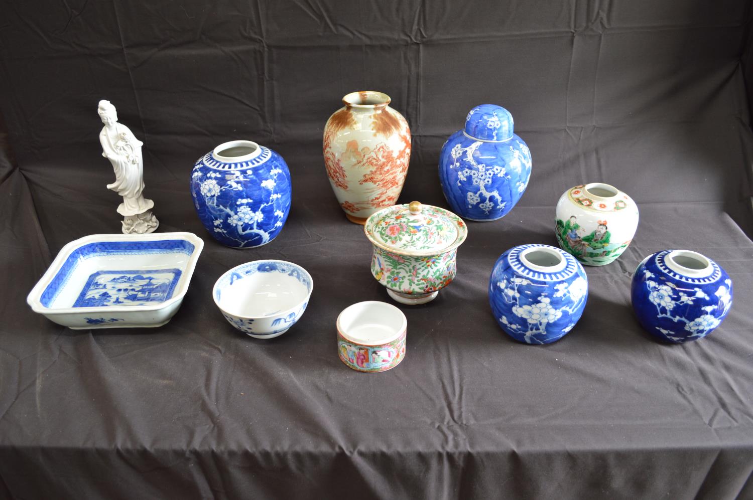 Group of Oriental ginger jars together with a Famille Rose pot (missing lid), lidded jar, vase,