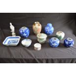 Group of Oriental ginger jars together with a Famille Rose pot (missing lid), lidded jar, vase,