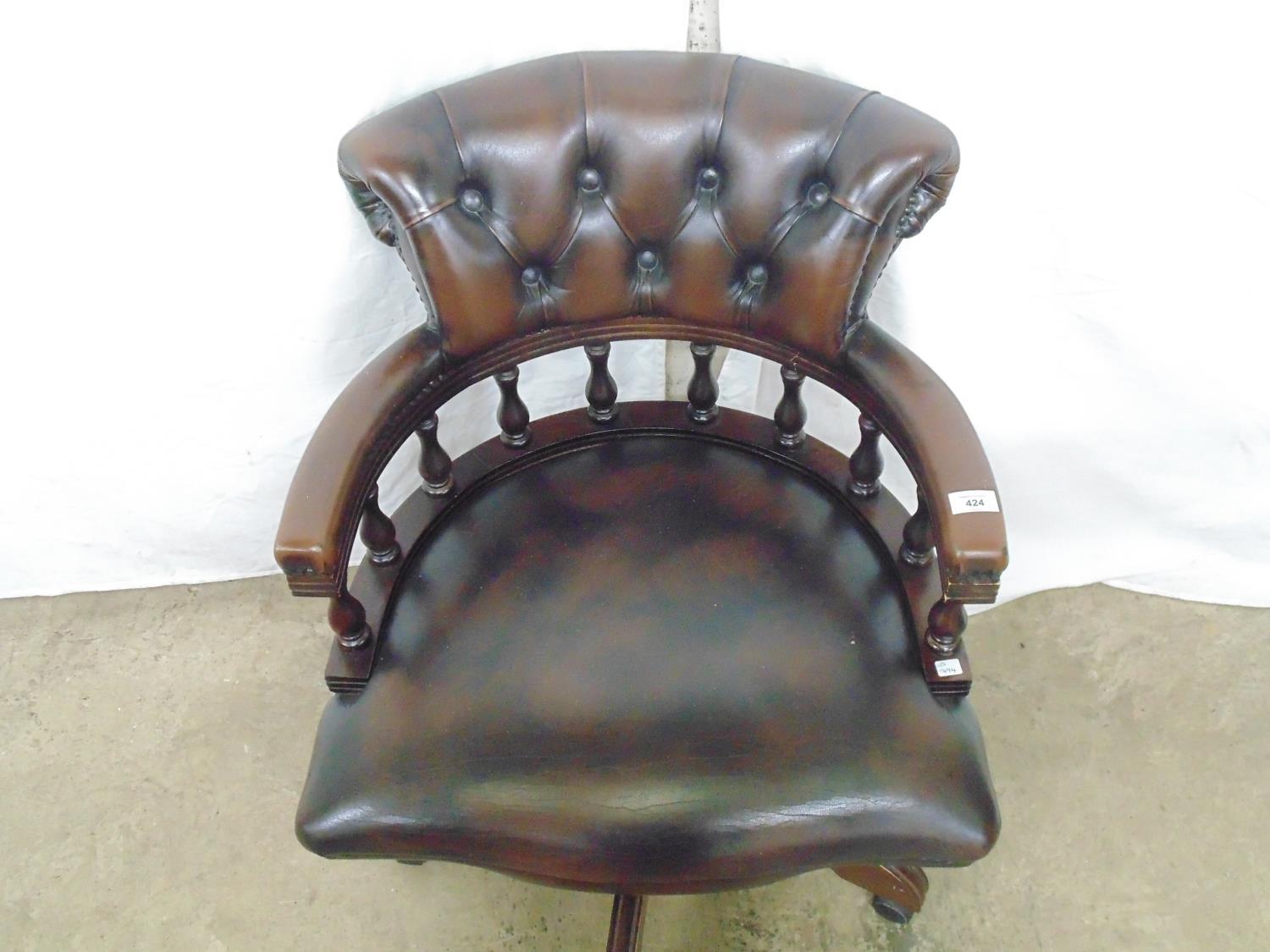 Reproduction Captains chair having buttoned leather back with padded seats and arms turned - Image 4 of 4