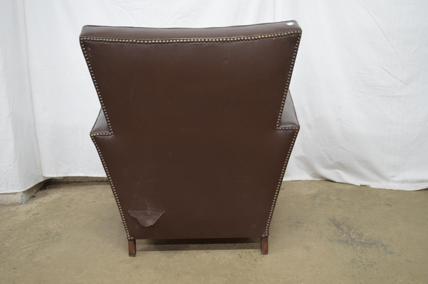 Brown leatherette Art Deco style club armchair on oak feet - 87cm x 83cm x 88cm tall Please note - Image 3 of 5