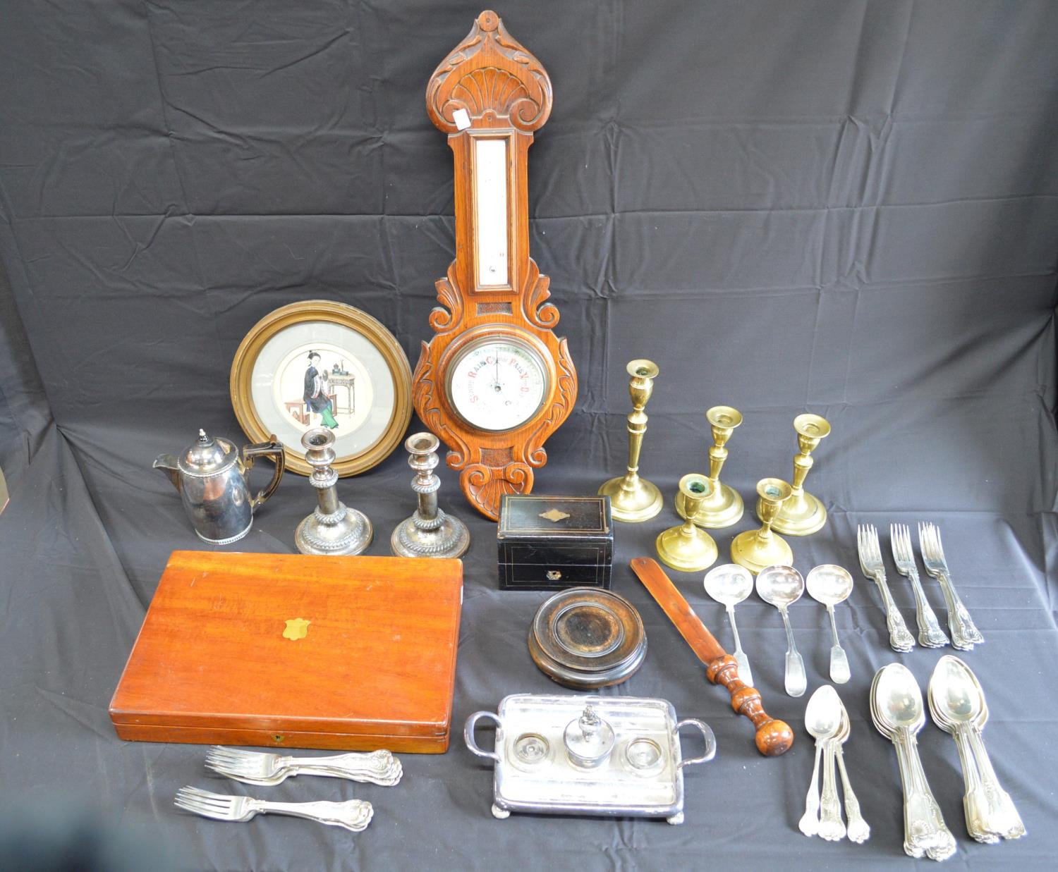 Collection of sundry items to include: silver plated cutlery, oak barometer, brass candlesticks, - Image 2 of 3