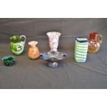 Collection of glassware to comprise: green Mary Gregory jug, Carnival glass two handled bowl,