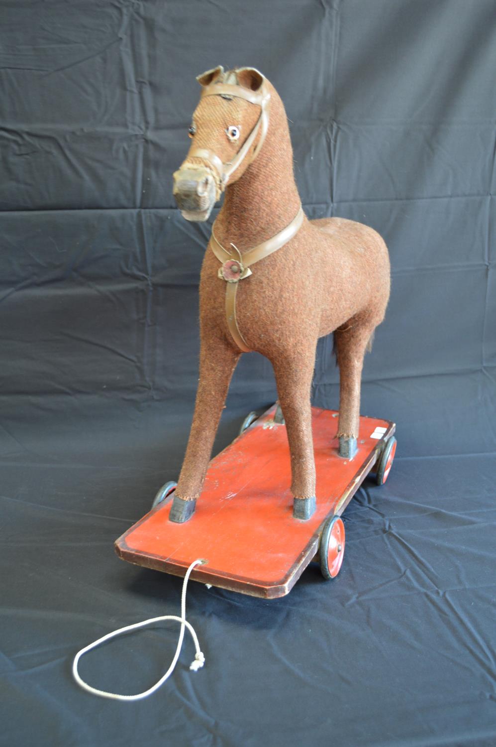 Vintage childs pull-a-long horse with wooden hoofs and mouth, standing on painted wooden base with - Image 2 of 4
