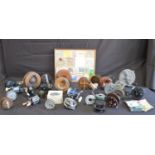 Collection of various vintage fishing reels together with a framed hook to nylon display Please note