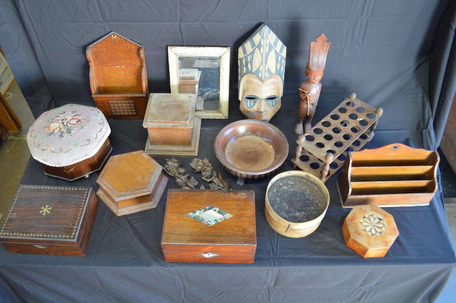 Collection of sundry wooden items to include: two letter racks, carved figure, mask, foot stool - Image 3 of 3