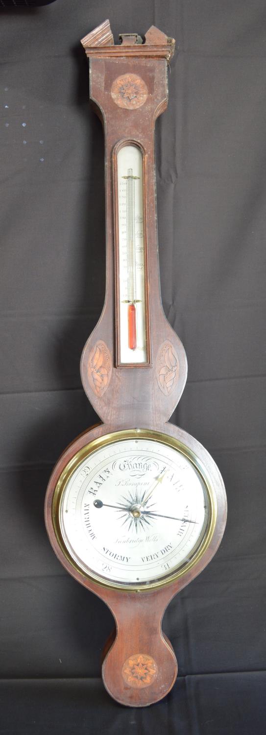 P Rosapini, Tunbridge Wells inlaid mahogany cartwheel barometer with silvered dial - 97cm tall