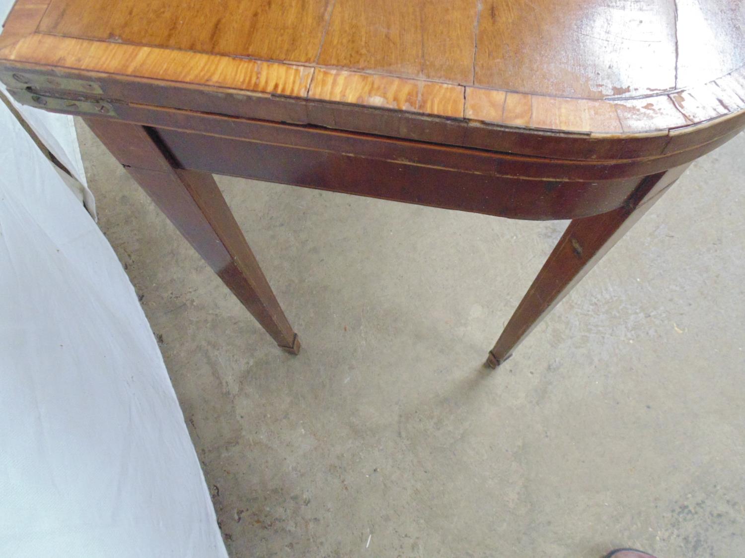 Inlaid mahogany fold over top card table having central cartouche opening to green baized playing - Image 6 of 6