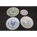 Celadon green hand painted plate having decoration of birds, flowers and butterflies with blue