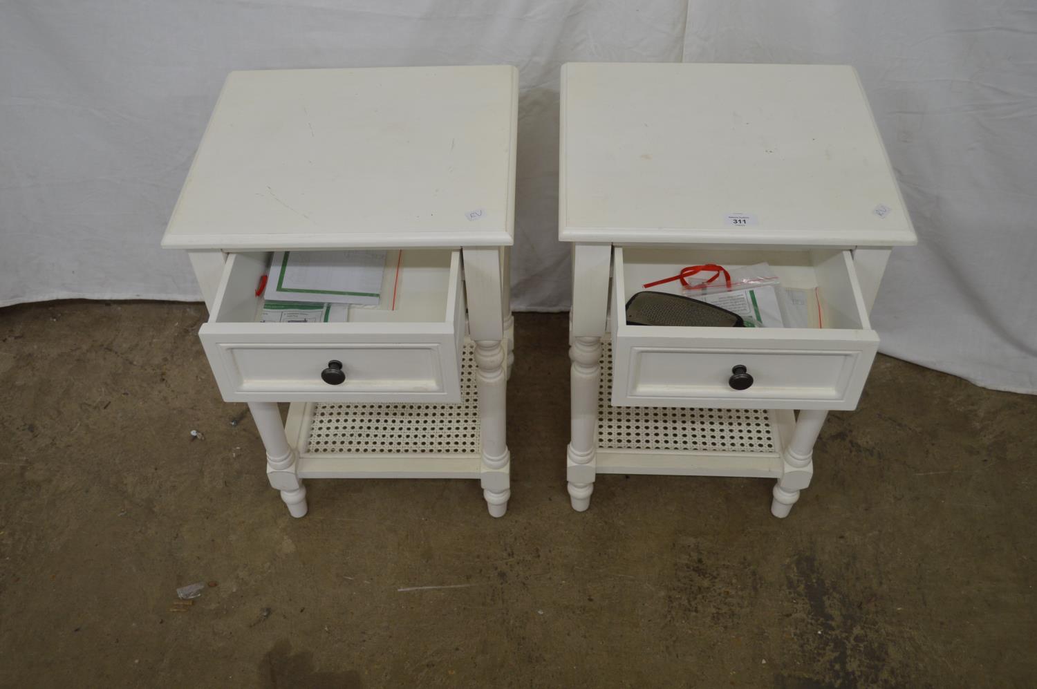 Pair of painted modern bedside tables having single drawers supported on turned columns leading to - Image 2 of 2