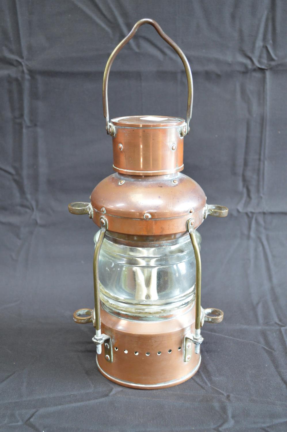 Un-named copper 360 degree anchor lantern with brass mounts - 33cm tall Please note descriptions are