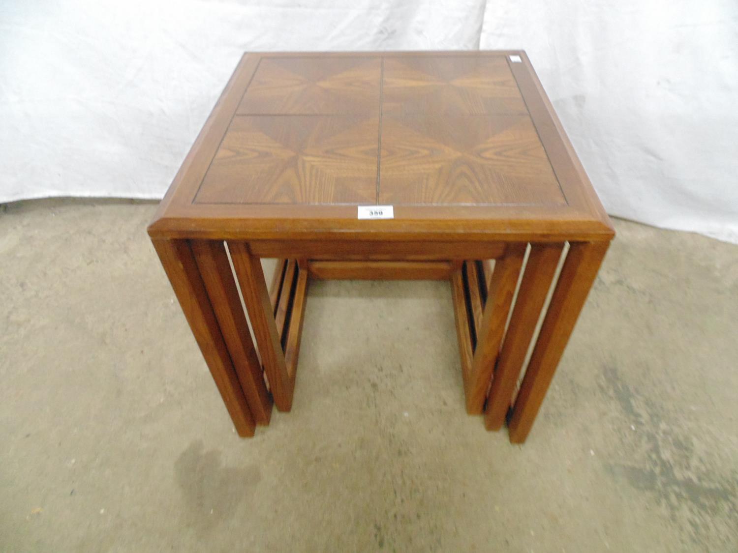 Nest of G-Plan tables having quartered parquetry style top - largest 51cm x 51cm x 50cm tall