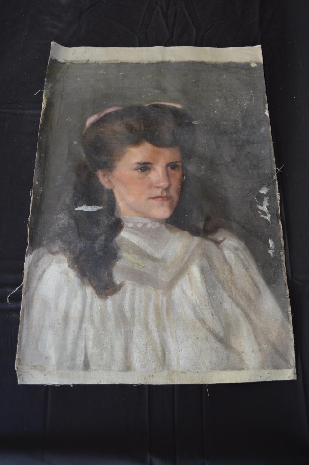 H Waller unframed oil on canvas portrait of a young lady - 44.5cm x 71cm together with two other - Bild 5 aus 5