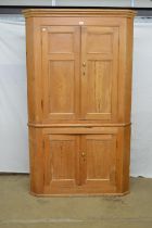 Victorian pine floor standing corner cupboard having moulded cornice over four panelled doors, the