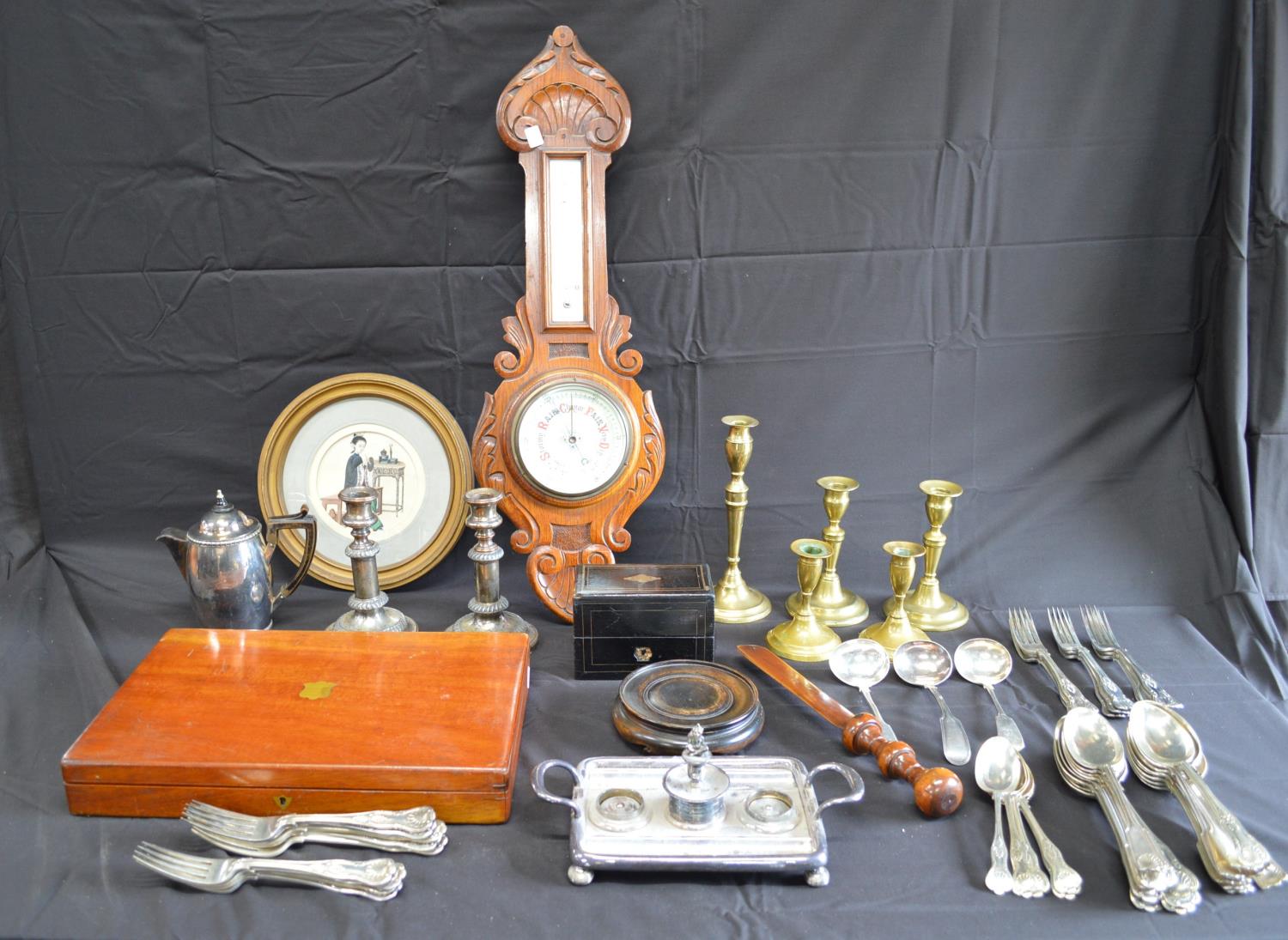 Collection of sundry items to include: silver plated cutlery, oak barometer, brass candlesticks,