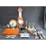 Collection of sundry items to include: silver plated cutlery, oak barometer, brass candlesticks,