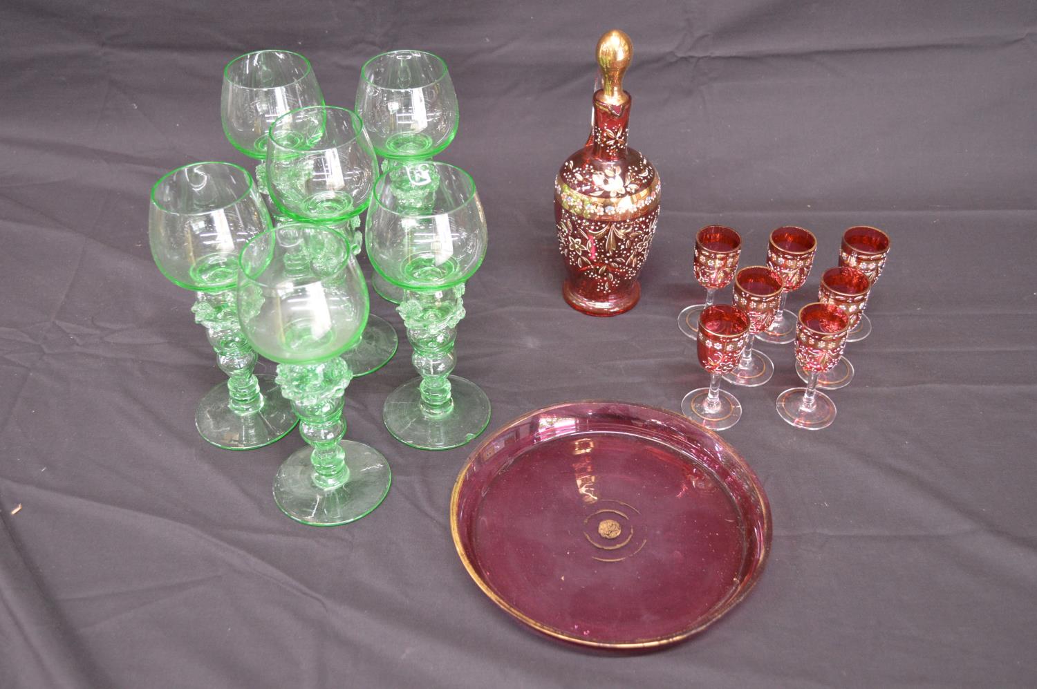 Set of six green glass Roemer glasses - 19.5cm tall together with hand painted Cranberry glass - Image 2 of 2