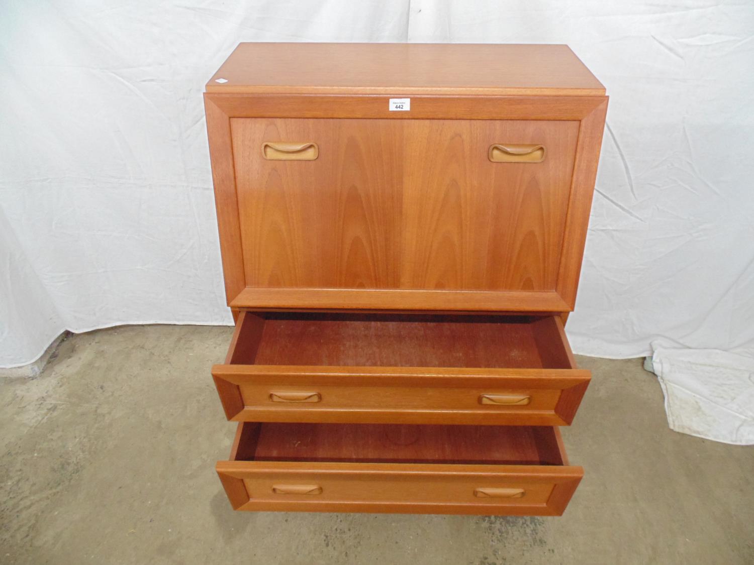 Mid century teak bureau the fall front opening to pigeon holes and a single drawer over three - Image 4 of 4