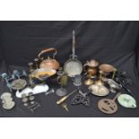 Collection of metalware to include: copper kettle, enamel kitchen scales and brass candlesticks