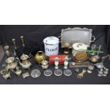 Collection of metalware to include: deed box, enamel flour bin, brass gong and quantity of