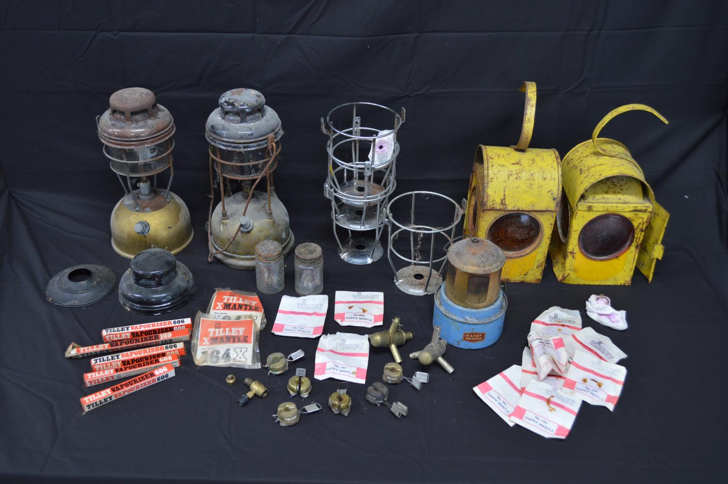 Two vintage yellow paraffin road work lamps together with two Tilley lamps and a quantity of - Image 2 of 2