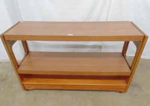 Mid century teak framed metamorphic two tier folding tea/drinks trolley having lift up top and