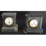 Two slate cased mantle clocks each having white enamel dial with black Roman Numerals and black