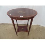 Mahogany inlaid cross banded painted occasional table the oval top on square tapering supports