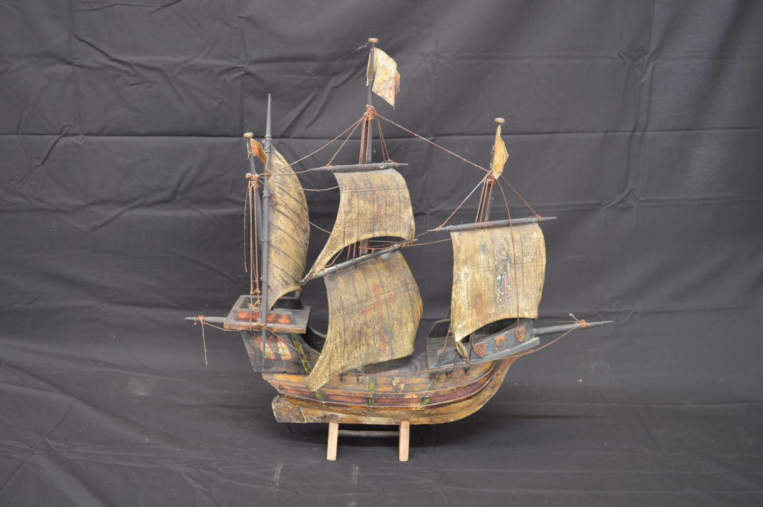 Wooden model of a galleon on stand - 58cm long together with an unsigned oil on canvas of a masted - Image 3 of 4