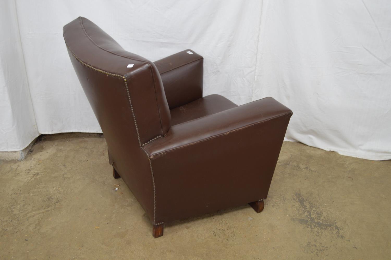 Brown leatherette Art Deco style club armchair on oak feet - 87cm x 83cm x 88cm tall Please note - Image 5 of 5