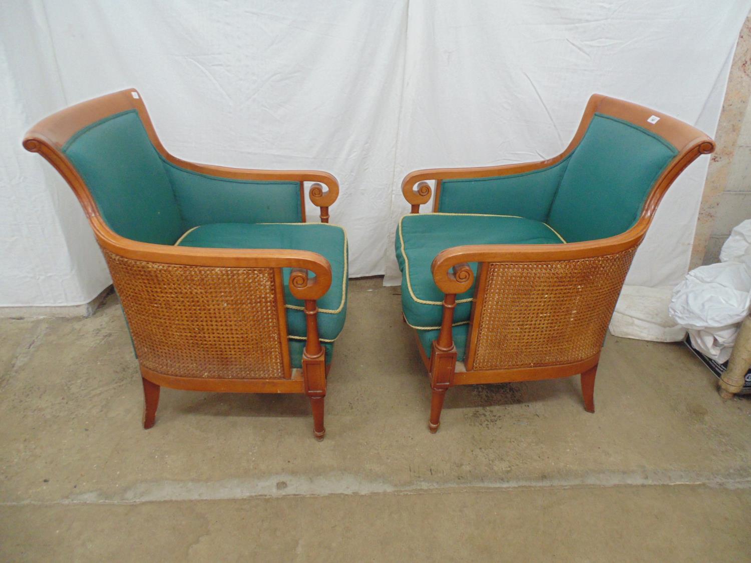 Pair of modern hardwood framed cane sided armchairs having scrolled cresting rail, padded seats - Image 2 of 4