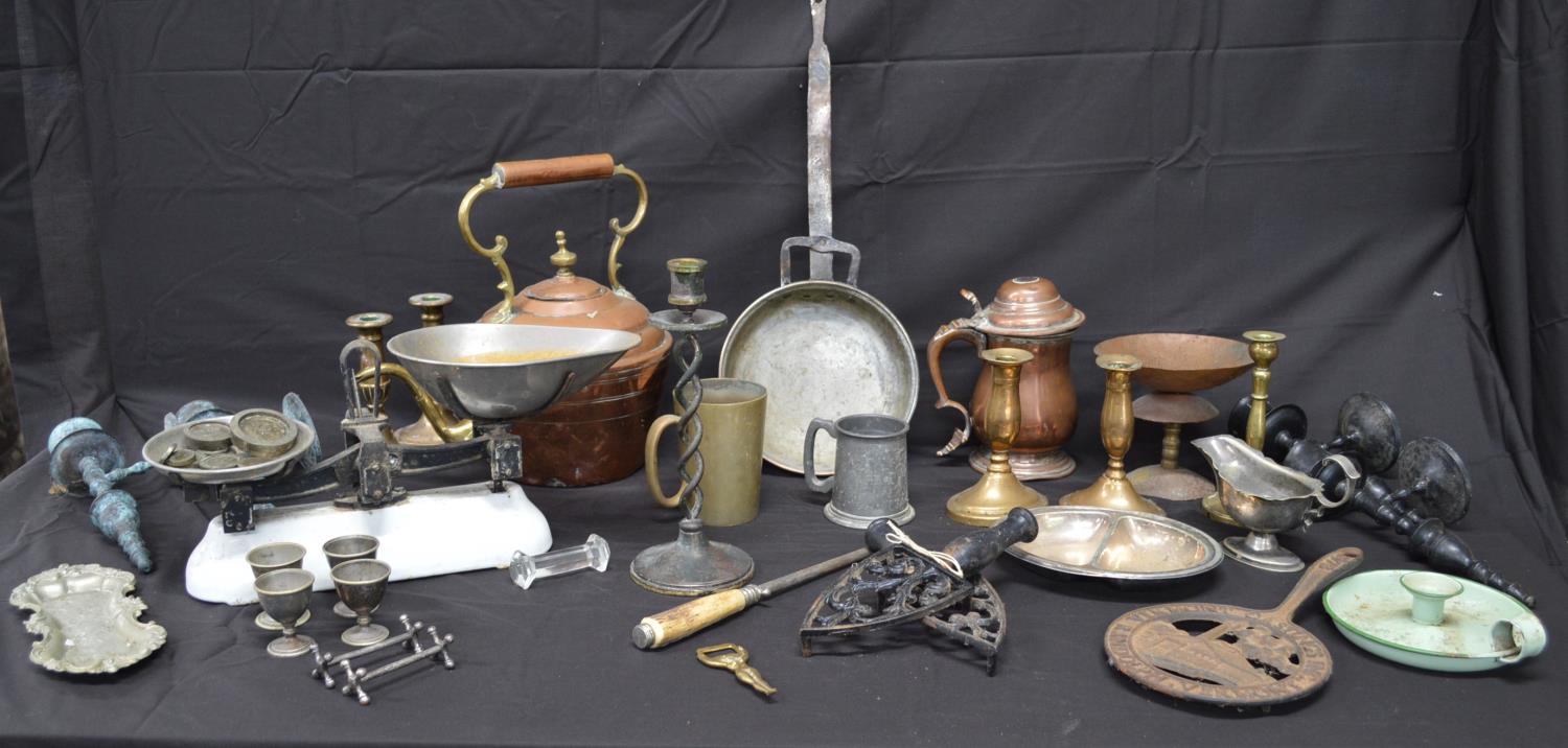 Collection of metalware to include: copper kettle, enamel kitchen scales and brass candlesticks - Image 2 of 2