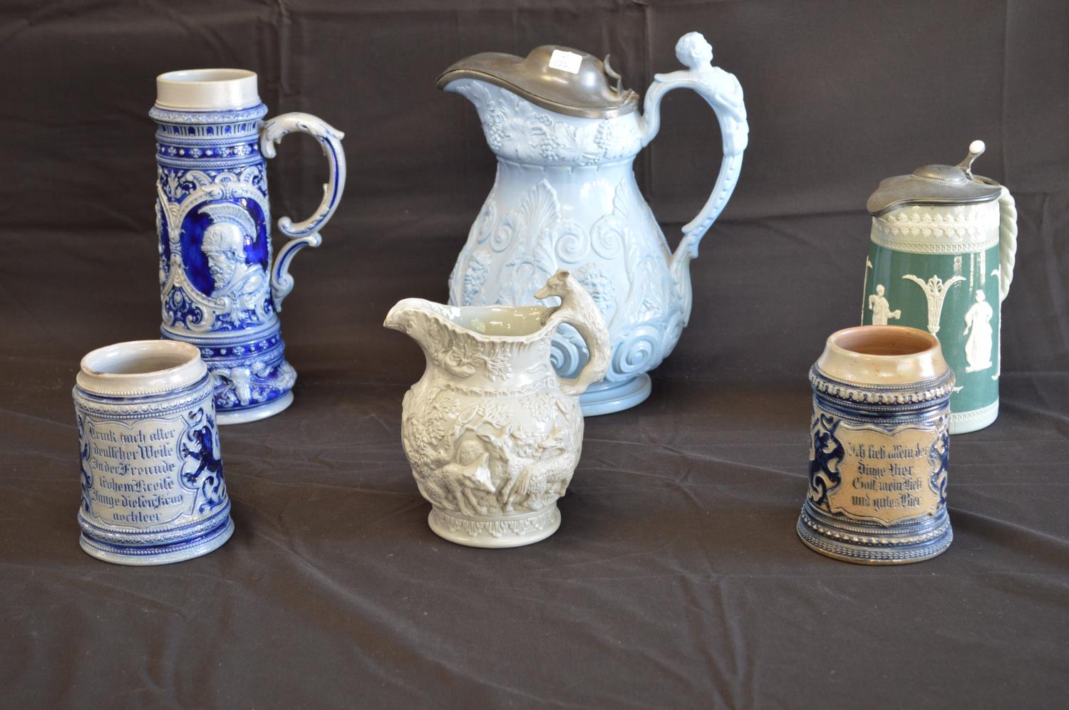 Group of ceramics to include: two tankards, beer stein, two salt glaze pitchers and Dudson pewter