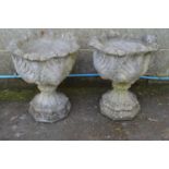 Pair of acanthus/cabbage leaf formed urns standing on octagonal formed basis - 48cm x 60cm tall