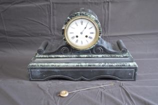 Slate and green marble cased mantle clock having John Bennett movement with white enamel dial, black