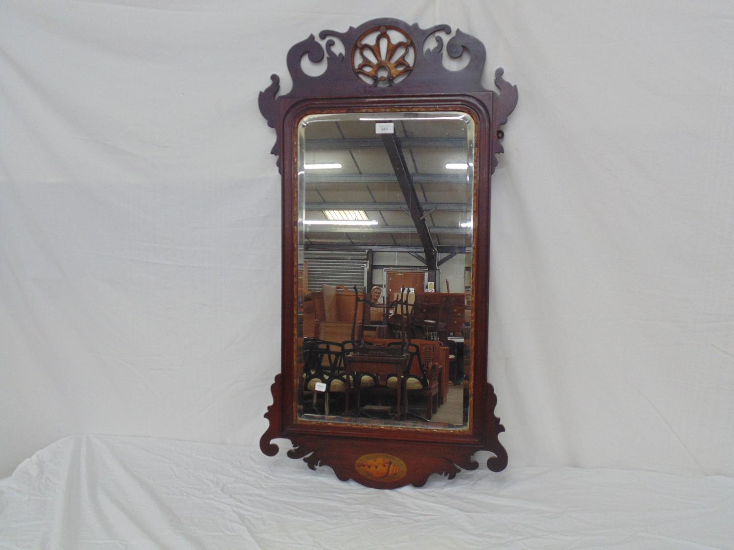 Mahogany bevel edge mirror having fretwork frame with shell decoration - 106cm x 56cm (split to
