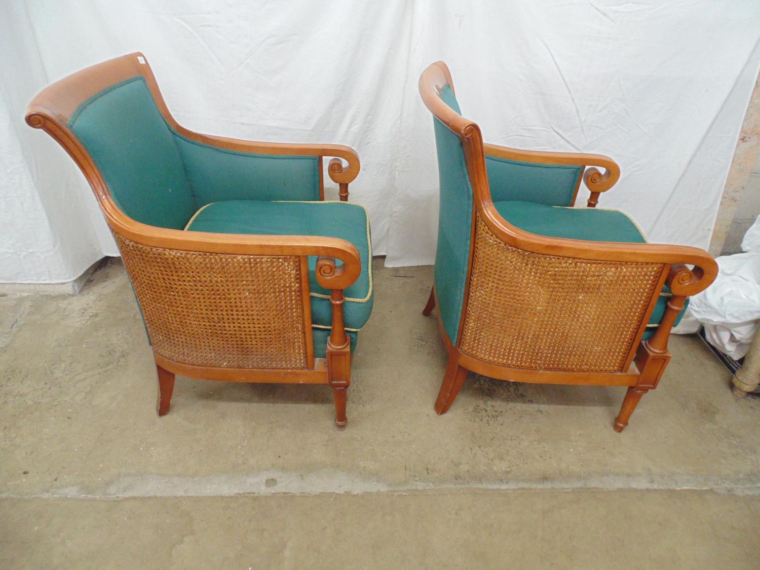 Pair of modern hardwood framed cane sided armchairs having scrolled cresting rail, padded seats - Image 4 of 4