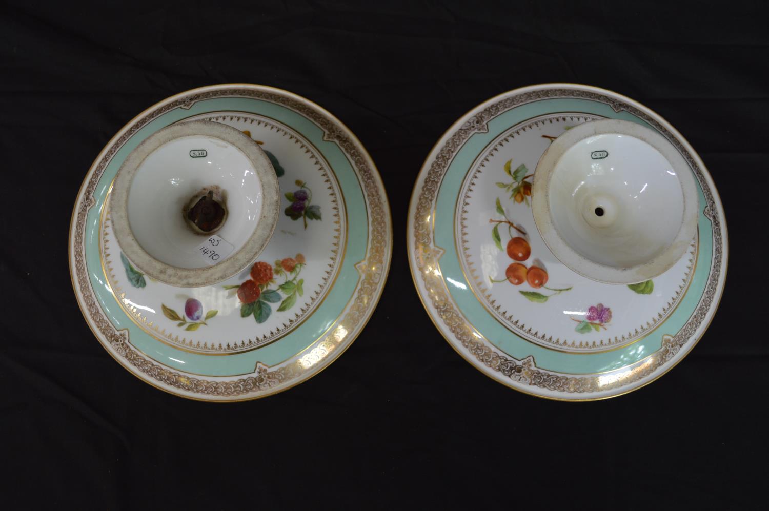 Pair of Continental porcelain tazza's each decorated with central panel of fruit with pale green and - Image 3 of 3