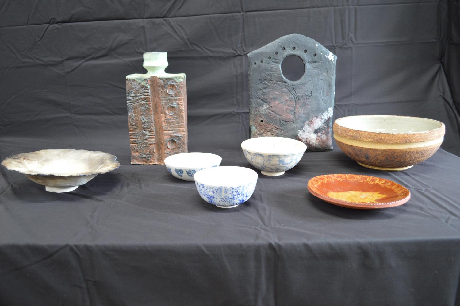 Group of studio pottery pieces to comprise: five bowls - largest 16.5cm wide, dish, vase - 29.5cm - Image 2 of 6