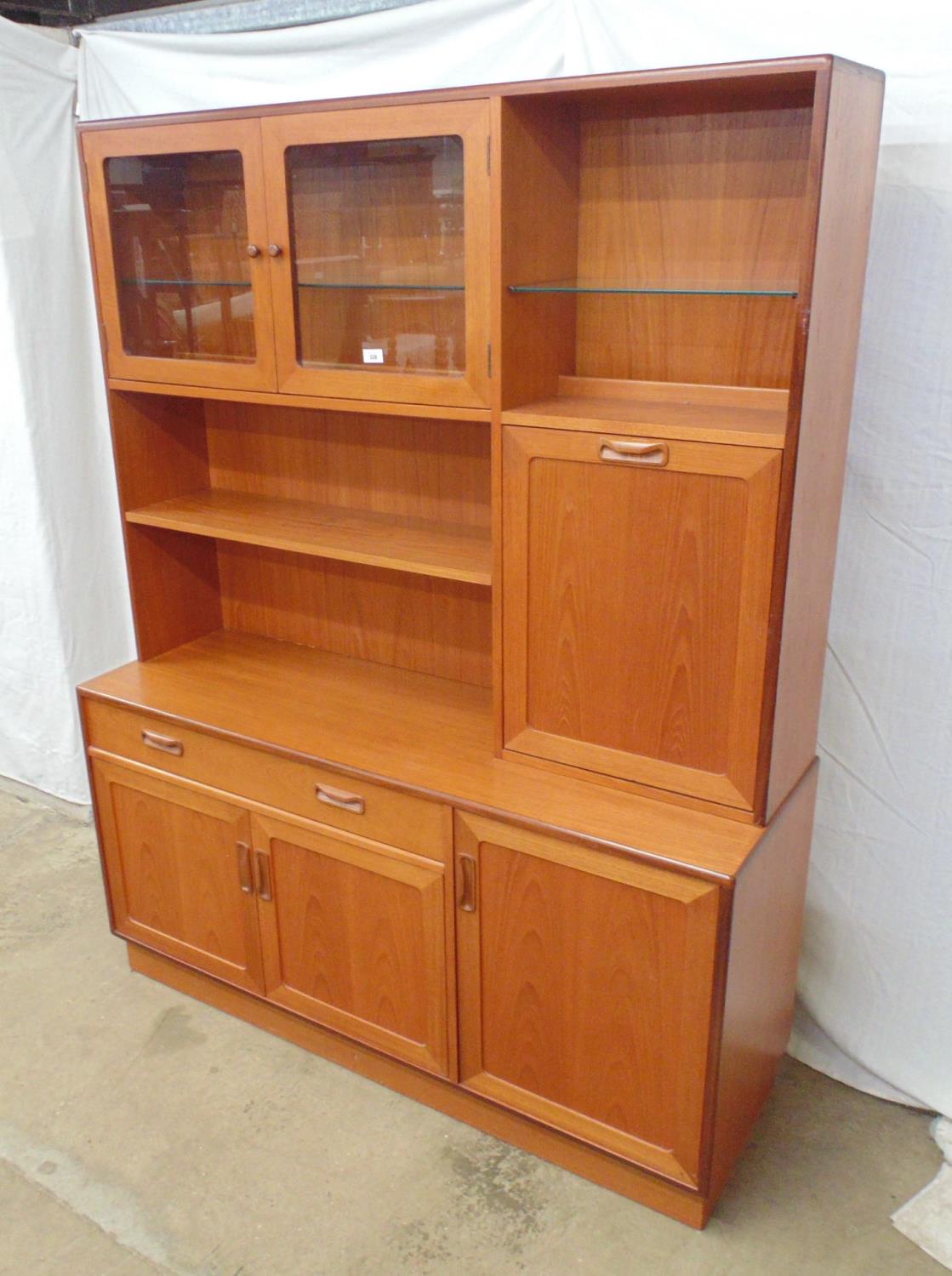 G-Plan teak wall unit having two door glazed cabinet with glass shelf over, fall front drinks - Image 2 of 5