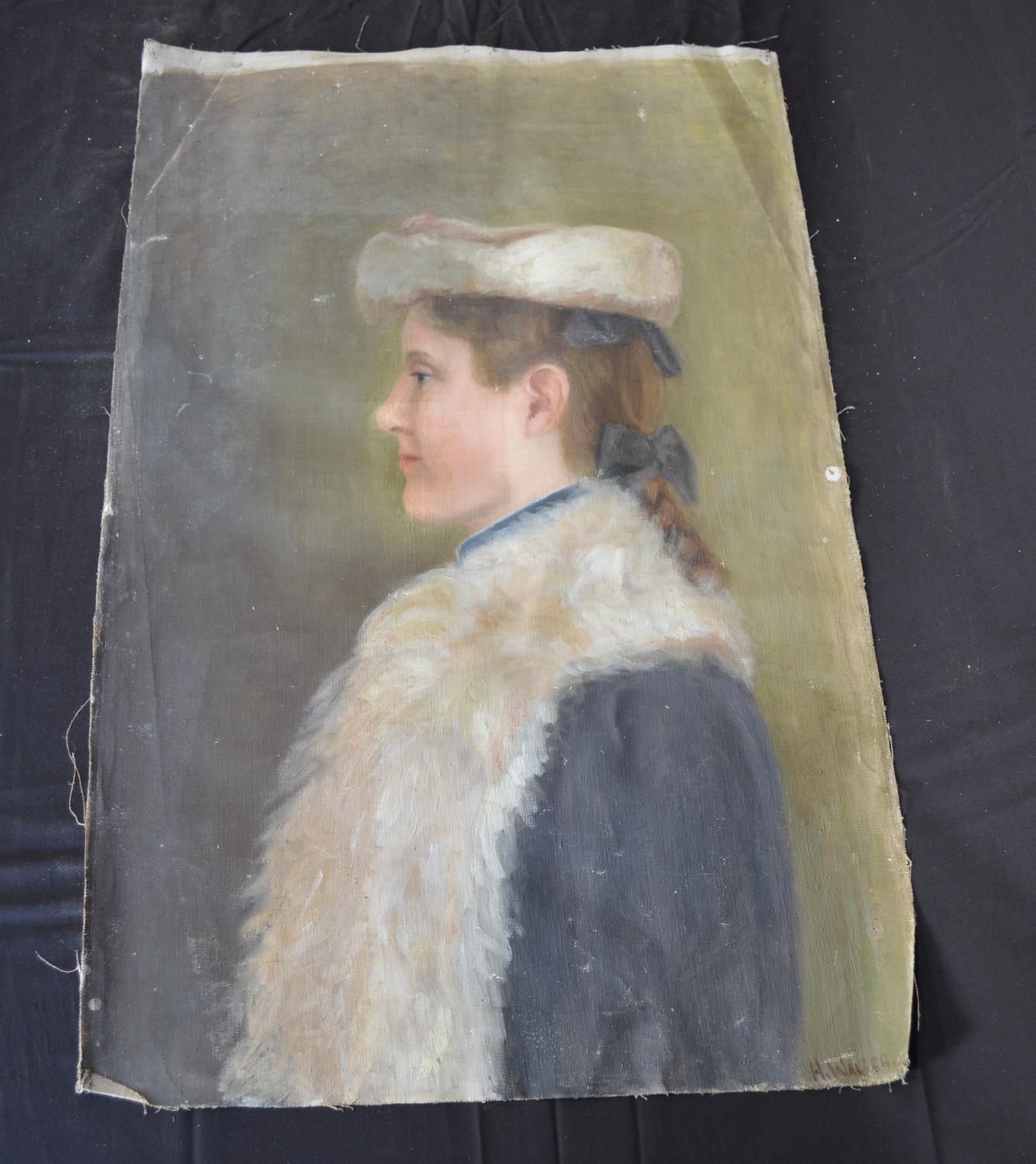 H Waller unframed oil on canvas portrait of a young lady - 44.5cm x 71cm together with two other - Bild 3 aus 5