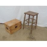 Elm seated stool on turned legs with two tapering cross stretchers - 34cm xc 30cm x 60cm tall