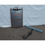 Metal framed Bistro mirror - 97cm x 53.5cm together with Gone Fishing sign with iron hook Please