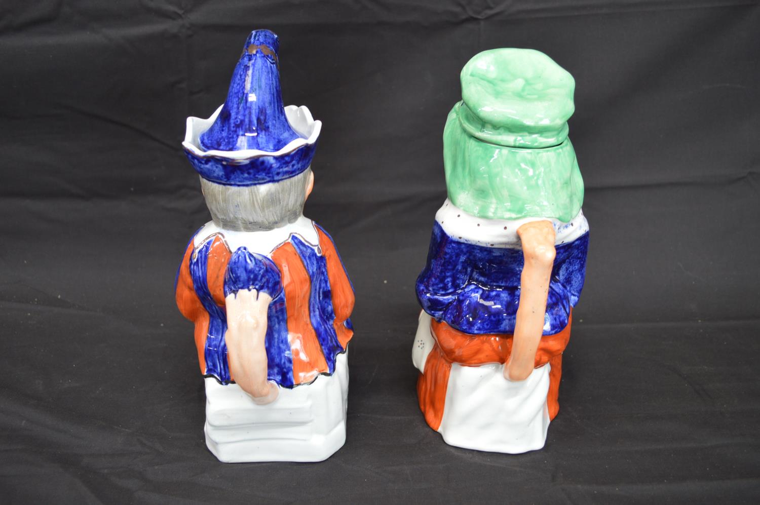 Pair of Staffordshire Toby jugs in the form of Punch and Judy complete with hat formed lids - 28cm - Bild 4 aus 5