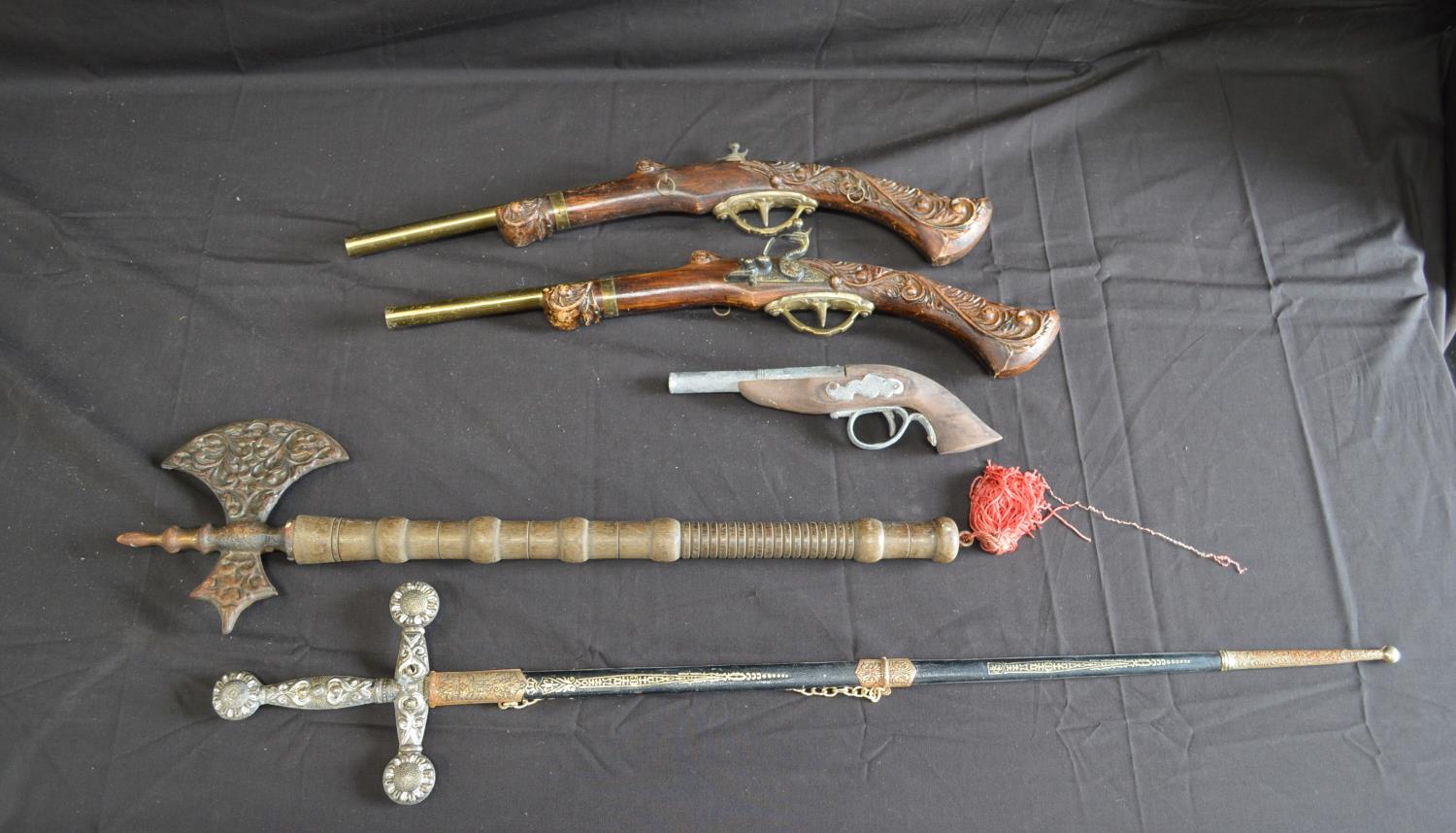 Group of three ornamental percussion style pistols together with an ornamental axe and sword - Image 2 of 3