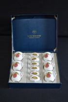 Boxed set of six Royal Worcester Evesham gold pattern pot de creme cups. Please note descriptions