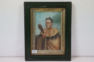 Framed Oil Painting Portrait of a Maori Warrior, 29cm x 19cm