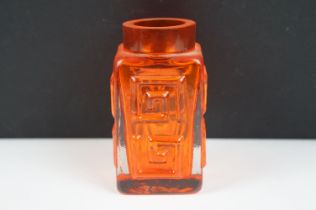 Whitefriars Greek Key vase in the Tangerine colourway, from Geoffrey Baxter's textured glass