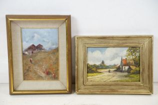 Oil on Panel signed Rural Scene with Cottage and Figure together with an Oil of Alpine View with