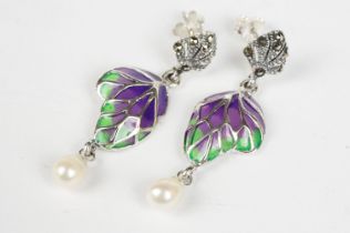 Pair of Silver Plique a Jour and Pearl Drop Earrings