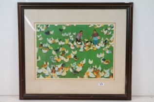 Chinese School, Mid 20th century Social History Print ' Women feeding Chickens '